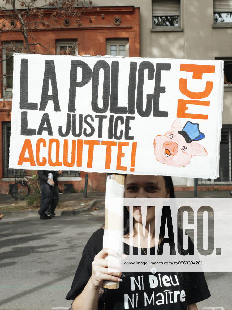 High School Student Mobilisation - Toulouse A protester holding a placard reading - The police kill, the courts acquit!. Act V of the secondary school and university students protests. Young people and the world of work are continuing their joint mobilisation and demands for adequate resources for education, better study conditions, an end to student precariousness, and access to housing. France, Toulouse, 13 October 2026. Photo by Patricia Huchot-Boissier AbacaPress.com. TOULOUSE OCCITANIE France
