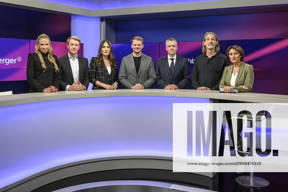 Im Bild v.l.: Nena Brockhaus (Journalistin), Markus Preiß (Leiter ARD-Hauptstadtstudio), Anja Kohl (ARD-Moderatorin und Wirtschaftsexpertin), Tim Klüssendorf, SPD (Generalsekretär), Thorsten Frei, CDU (Unionsfraktionsvorsitzender), Richard David Precht (Philosoph), Sandra Maischberger, GER, Berlin, Studio, zu Gast bei – Maischberger, politische Talkshow, TV, Format, mit Moderatorin – Sandra Maischberger, Das Erste, aus Adlershof – Am Studio 20, 14.10.2026,