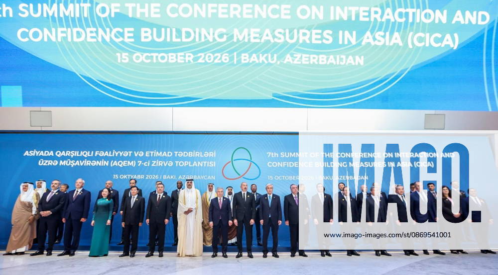 AZERBAIJAN, BAKU - OCTOBER 15, 2026: A ceremony takes place to welcome the heads of delegations to the 7th Summit of the Conference on Interaction and Confidence-Building Measures in Asia (CICA). Best quality available. Russian Foreign Ministry TASS 99337462