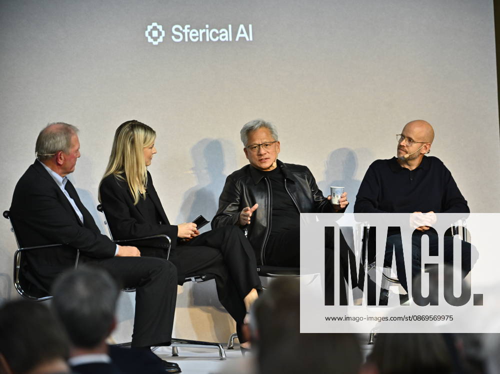Marcus Wallenberg, Jenny Nordlöw, CEO of Sferical AI, Jensen Huang, CEO of Nvidia, and Daniel Ek, founder of Spotify, at the Sferical One event hosted by Nvidia at Eric Ericsonhallen on Thursday, STOCKHOLM, SWEDEN