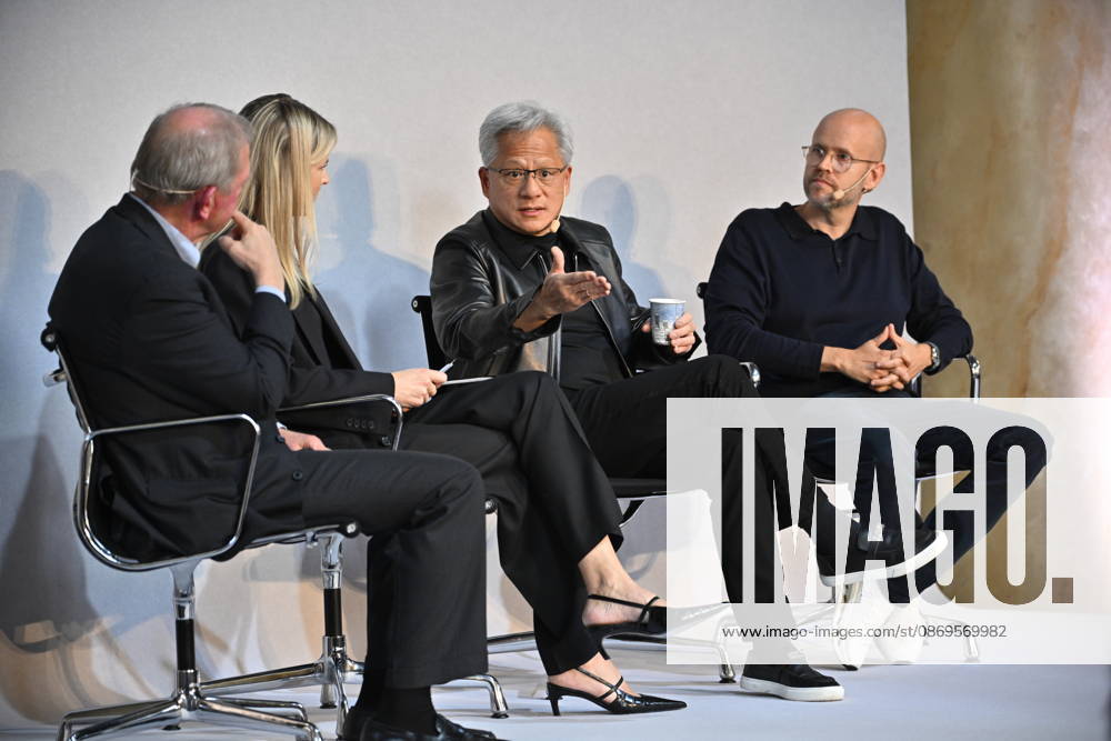 Marcus Wallenberg, Jenny Nordlöw, CEO of Sferical AI, Jensen Huang, CEO of Nvidia, and Daniel Ek, founder of Spotify, at the Sferical One event hosted by Nvidia at Eric Ericsonhallen on Thursday, STOCKHOLM, SWEDEN