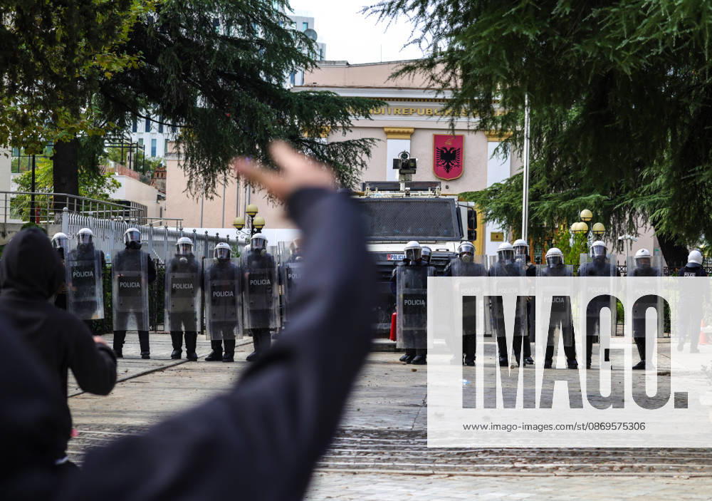 Violent protest of Students in Tirana, Albania Police line up in front of Albanian Parliament in Tirana, Albania, on October 15, 2026. Students are in the third day of their protest calling for better education conditions and the resignation of Prime Minister Edi Rama. Tirana Albania