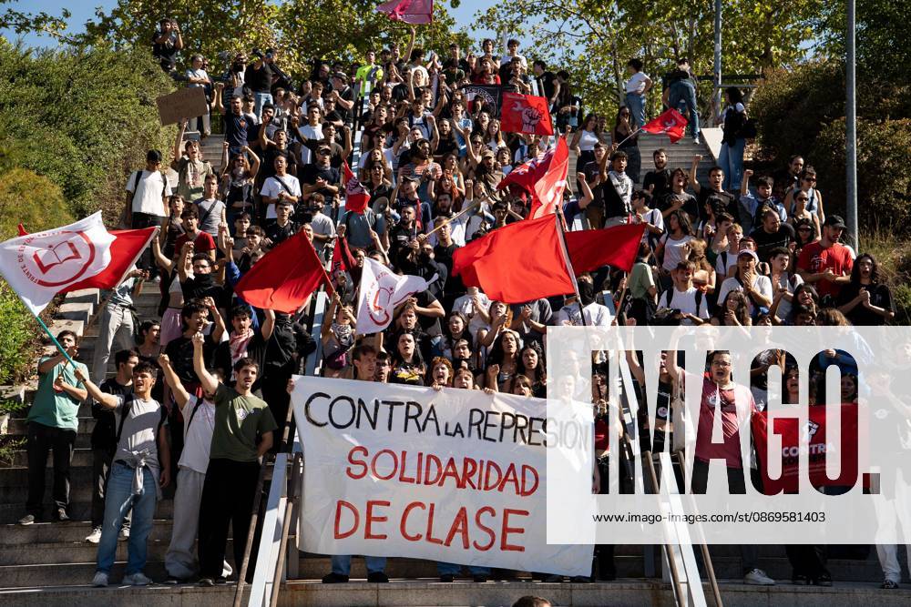 MADRID, SPAIN - OCTOBER 15, 2026: Hundreds of students have gathered at the Complutense University of Madrid to denounce the police charges that took place yesterday on campus and to demand the release and dismissal of charges against the five students arrested during the protest. The march proceeded to the Geography and History Department, where seven police vans had set up a security perimeter. The students demanded more funding for the public university which is under the jurisdiction of the Community of Madrid, governed by the conservative Peoples Party and the removal of police from the campus which falls under the jurisdiction of the central government led by the Socialist Party. Madrid Spain - ZUMAq101 20261015_zna_q101_122