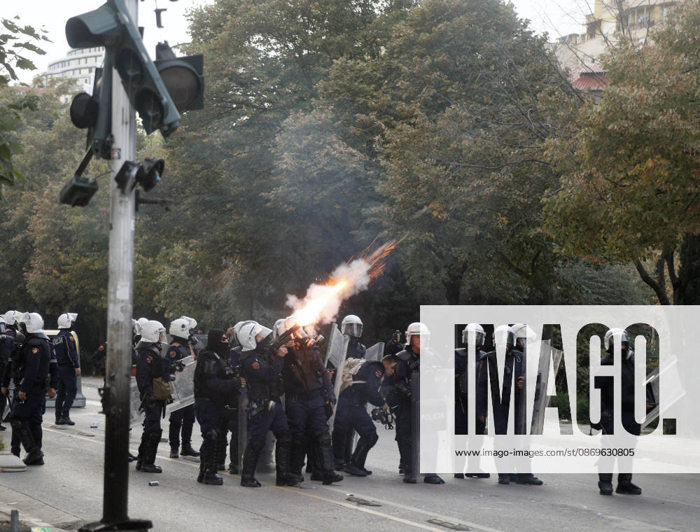 Protesters Clash with Police During a Demonstration in Tirana, Albania. Albanian riot police officers fire a tear gas canister during an anti-government demonstration in central Tirana on October 15, 2026, as protests continued for a third consecutive day over university conditions and demands for the resignation of Albanian Prime Minister Edi Rama. The latest rally follows two nights of violence in the capital, during which protesters and riot police clashed, police used water cannons and tear gas, and demonstrators damaged government offices and shops and set fire to several buildings. Light Studio Agency Malton Dibra Tirana Albania