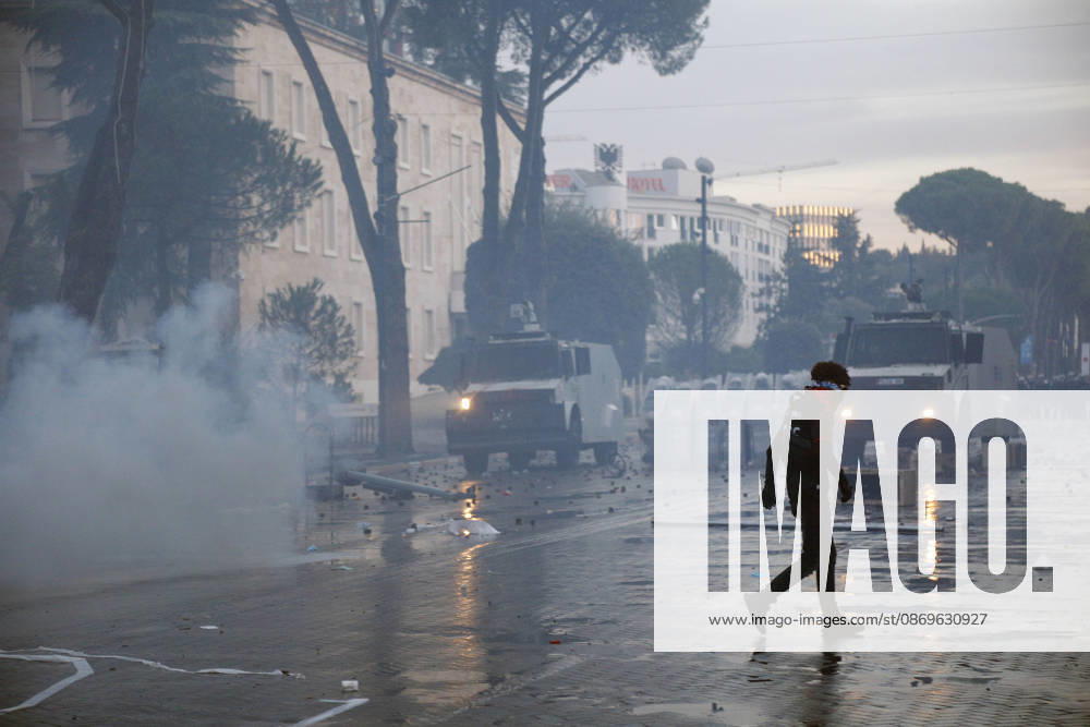 Protesters Clash with Police During a Demonstration in Tirana, Albania. Protesters clash with riot police during an anti-government demonstration in central Tirana on October 15, 2026, as protests continued for a third consecutive day over university conditions and demands for the resignation of Albanian Prime Minister Edi Rama. The latest rally follows two nights of violence in the capital, during which protesters and riot police clashed, police used water cannons and tear gas, and demonstrators damaged government offices and shops and set fire to several buildings. Light Studio Agency Malton Dibra Tirana Albania