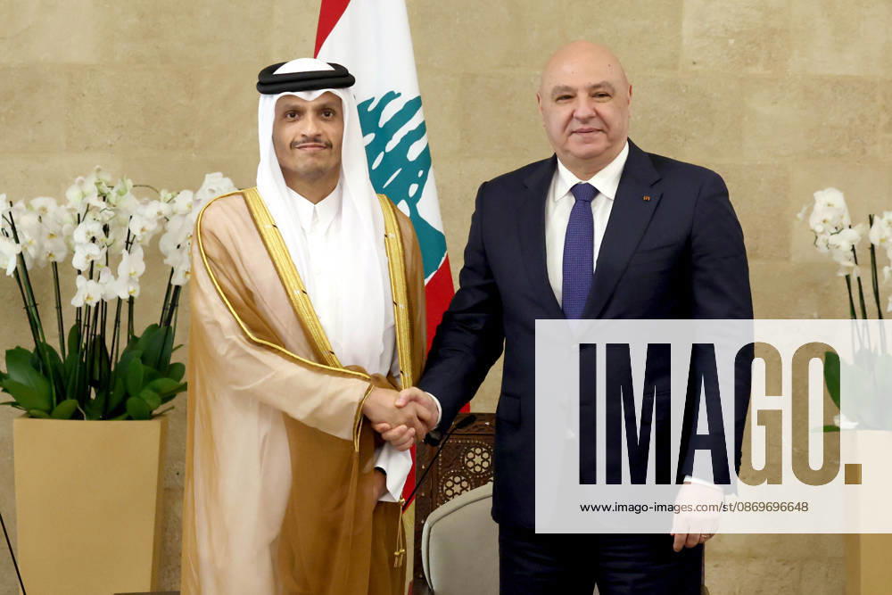 Qatar s Prime Minister and Foreign Minister Mohammed bin Abdulrahman Al Thani in Beirut BEIRUT, LEBANON - OCTOBER 16: (---- - MANDATORY CREDIT - LEBANESE PRESIDENCY HANDOUT - NO MARKETING NO ADVERTISING CAMPAIGNS - DISTRIBUTED AS A SERVICE TO CLIENTS----) Lebanese President Joseph Aoun (R) meets with Qatar s Prime Minister and Foreign Minister Mohammed bin Abdulrahman Al Thani at Baabda Palace, on October 16, 2026 in Beirut, Lebanon. Lebanese Presidency Anadolu Beirut Lebanon. Editorial use only. Please get in touch for any other usage.
