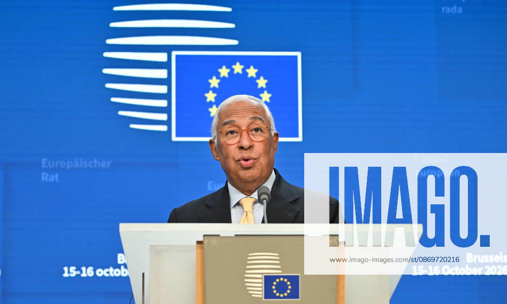 Antonio Costa and Ursula von der Leyen hold press conference after EU Leaders Summit BRUSSELS, BELGIUM - OCTOBER 16: European Council President Antonio Costa, (seen), and European Commission President Ursula von der Leyen, speak during a press conference following the European Union Leaders Summit, on October 16, 2026 in Brussels, Belgium. Dursun Aydemir Anadolu Brussels Belgium. Editorial use only. Please get in touch for any other usage.