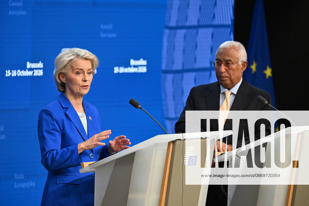 Antonio Costa and Ursula von der Leyen hold press conference after EU Leaders Summit BRUSSELS, BELGIUM - OCTOBER 16: European Council President Antonio Costa, center, and European Commission President Ursula von der Leyen, left, speak during a press conference following the European Union Leaders Summit, on October 16, 2026 in Brussels, Belgium. Dursun Aydemir Anadolu Brussels Belgium. Editorial use only. Please get in touch for any other usage.