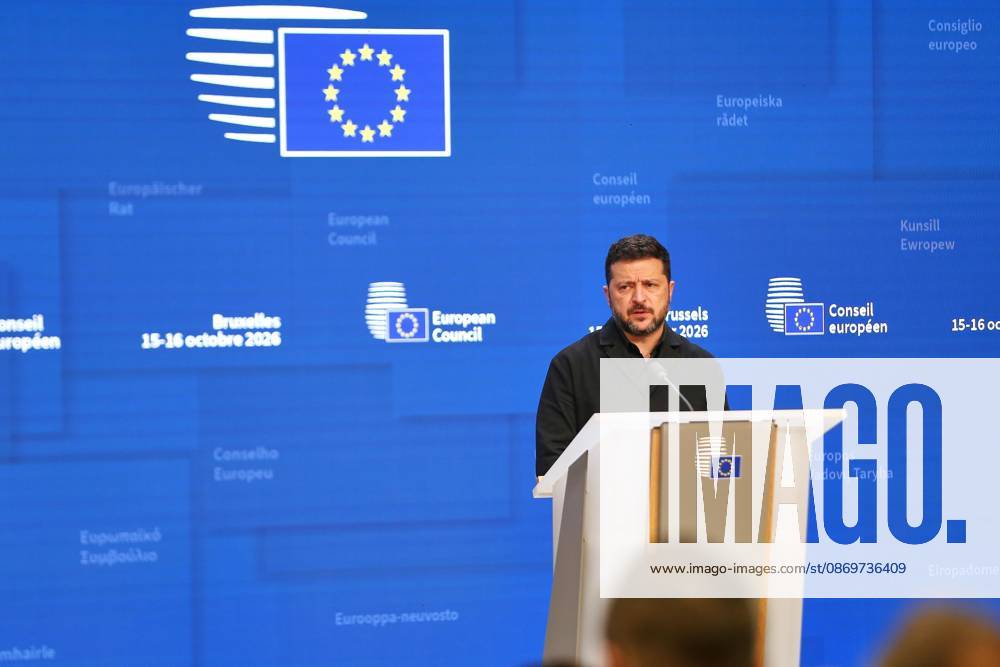 Brüssel, Belgien, 16.10.2026: Europa-Gebäude: EU-Gipfel: Wolodymyr Selenskyj gibt eine Pressekonferenz