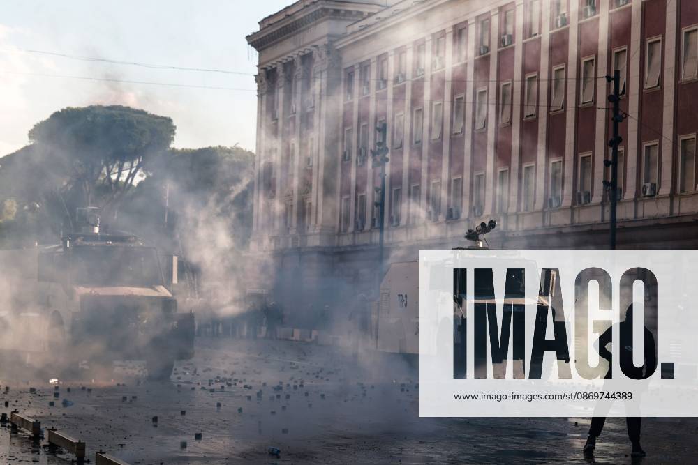 TIRANA, ALBANIA, OCTOBER 16, 2026: Student-led anti-government demonstrations continue for a fourth consecutive day in Tirana, demanding improved education conditions and the resignation of Prime Minister Edi Rama. Protesters clash with riot police as officers deploy tear gas to disperse crowds. The demonstrations follow several days of unrest that have damaged public buildings and businesses. Tirana Albania - ZUMAq101 20261016_zna_q101_473