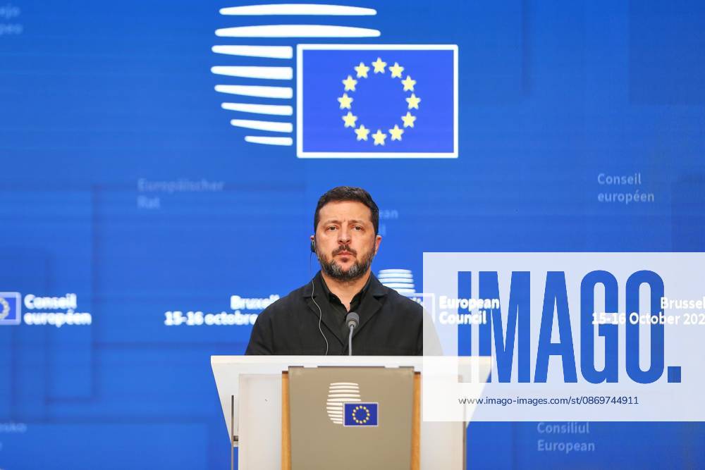 Brüssel, Belgien, 16.10.2026: Europa-Gebäude: EU-Gipfel: Wolodymyr Selenskyj gibt eine Pressekonferenz