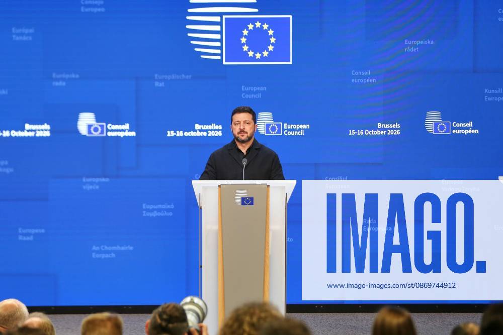 Brüssel, Belgien, 16.10.2026: Europa-Gebäude: EU-Gipfel: Wolodymyr Selenskyj gibt eine Pressekonferenz