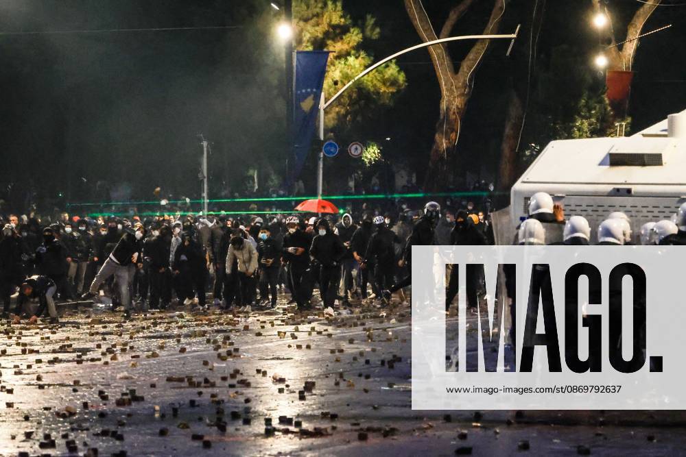 Fires And Clashes In Tirana TIRANA, ALBANIA, OCTOBER 17, 2026: Demonstrators clash with riot police near the Prime Ministers Office during student-led anti-government protests in central Tirana. Protesters throw stones and pyrotechnics, while police use tear gas, water cannons and rubber bullets. Fires break out at the High Court and the entrance to a Bank of Albania building as unrest continues for a fifth consecutive day. Demonstrators demand better university conditions and the resignation of Prime Minister Edi Rama. Tirana Albania