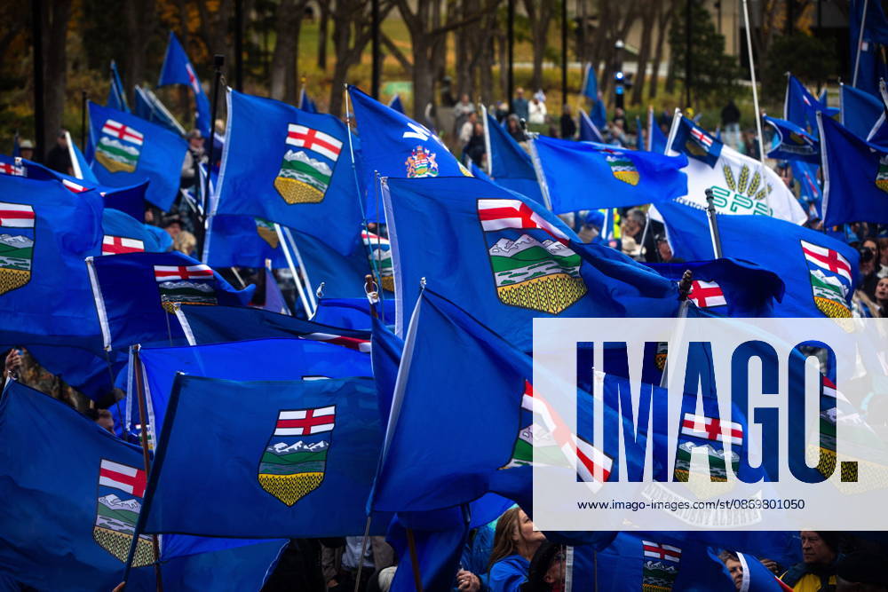 A sea of flags during an Alberta independence rally at the Alberta legislature, in Edmonton on Saturday, Oct. 17, 2026. Edmonton Canada - ZUMAc35_ 20261017_zaf_c35_077