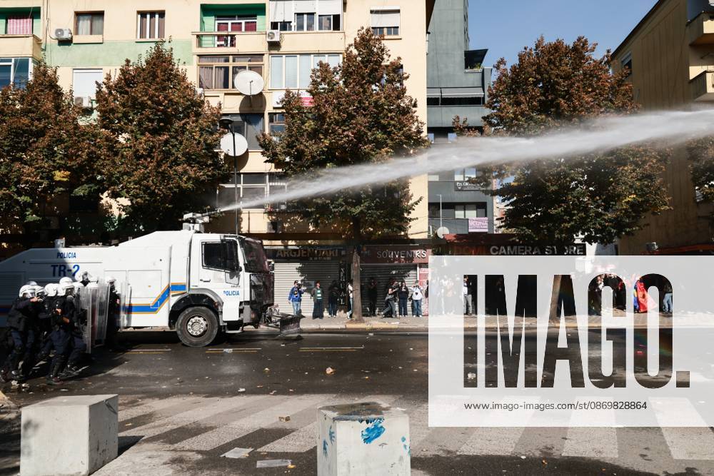 Tirana Clashes Enter Fifth Day TIRANA, ALBANIA, OCTOBER 17, 2026: Demonstrators clash with riot police outside the Ministry of Education during student-led anti-government protests in Tirana. Police deploy tear gas as protesters throw stones during a fifth consecutive day of unrest. Demonstrators demand improved university conditions and the resignation of Prime Minister Edi Rama. Tirana Albania