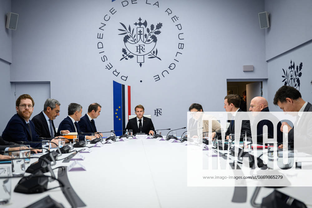 Interministerial Crisis Meeting at Elysee - Paris French Minister of Action and Public Accounts David Amiel, French Trade Minister Serge Papin, French Justice Minister Gerald Darmanin, French Prime Minister Sebastien Lecornu, French President Emmanuel Macron, French Interior Minister Laurent Nunez, French government Secretary General Laurence Marion, French Minister of Education Edouard Geffray, Chief of Staff to France s Prime Minister Philippe Gustin, French Minister of Higher Education, Research and Space Philippe Baptiste attend an Interministerial Crisis Meeting chaired by French President at the Elysee Presidential Palace, in Paris, France on October 18, 2026 the day after riots and looting on the sidelines of nationwide protests agai
