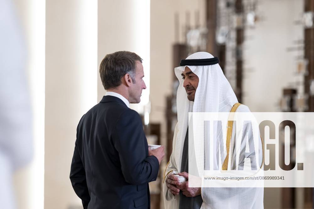 Macron visits UAE on second stop of four-nation Gulf tour ABU DHABI, UAE - OCTOBER 19: (---- - MANDATORY CREDIT - UAE PRESIDENTIAL PALACE HANDOUT - NO MARKETING NO ADVERTISING CAMPAIGNS - DISTRIBUTED AS A SERVICE TO CLIENTS----) UAE President Sheikh Mohamed bin Zayed Al Nahyan (R) welcomes French President Emmanuel Macron (L), who arrived in the United Arab Emirates, marking the second leg of his four-nation Gulf tour, at Qasr Al Watan in the capital Abu Dhabi on October 19, 2026. UAE Presidential Palace Anadolu Abu Dhabi United Arab Emirates. Editorial use only. Please get in touch for any other usage.