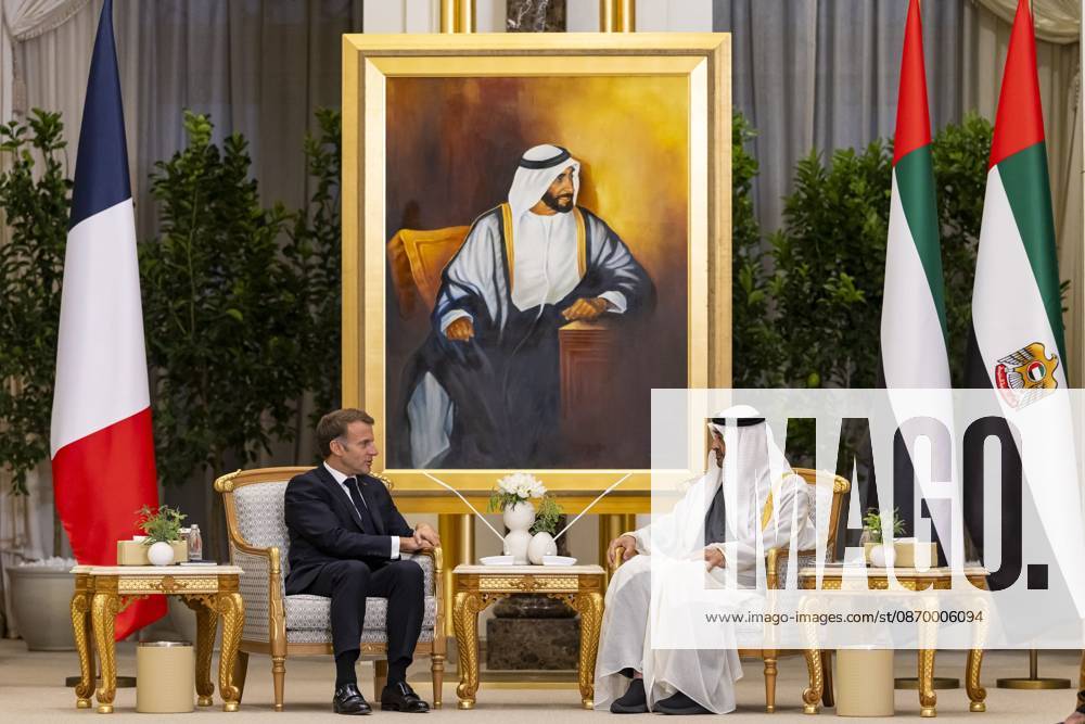 French President Emmanuel Macron in UAE ABU DHABI, UNITED ARAB EMIRATES - OCTOBER 19: (---- – MANDATORY CREDIT - UAE PRESIDENTIAL PALACE HANDOUT - NO MARKETING NO ADVERTISING CAMPAIGNS - DISTRIBUTED AS A SERVICE TO CLIENTS----) French President Emmanuel Macron meets with UAE President Sheikh Mohamed bin Zayed Al Nahyan at Qasr Al Watan Palace in Abu Dhabi, United Arab Emirates, on October 19, 2026. Macron arrived in Abu Dhabi for the second leg of his four-nation Gulf tour to discuss bilateral cooperation and regional issues. UAE Presidential Palace Handout Anadolu Abu Dhabi United Arab Emirates. Editorial use only. Please get in touch for any other usage.