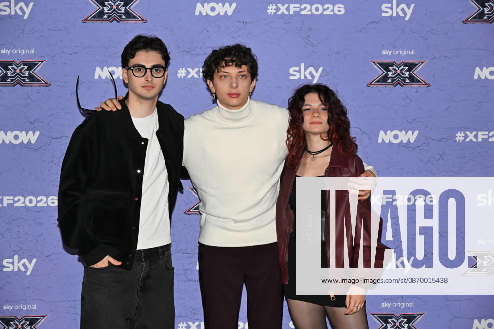 IPA89927943 - Milan, Italy: X Factor 2026 photocall featuring the 12 official contestants IRAMA S TEAM In the photo: Le Distanze (Andrea Manuel Pagella, Saverio Campese, Corinna Lanari)