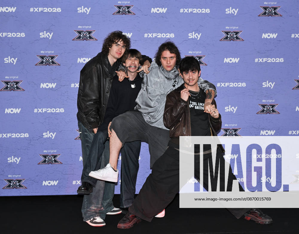 IPA89927999 - Milan, Italy: X Factor 2026 photocall featuring the 12 official contestants FRANCESCO GABBANI S TEAM In the photo: Scraffs (Dario Aveotti, Leonardo Randazzo, Daniel Jon Stephens, Cristian Basile)