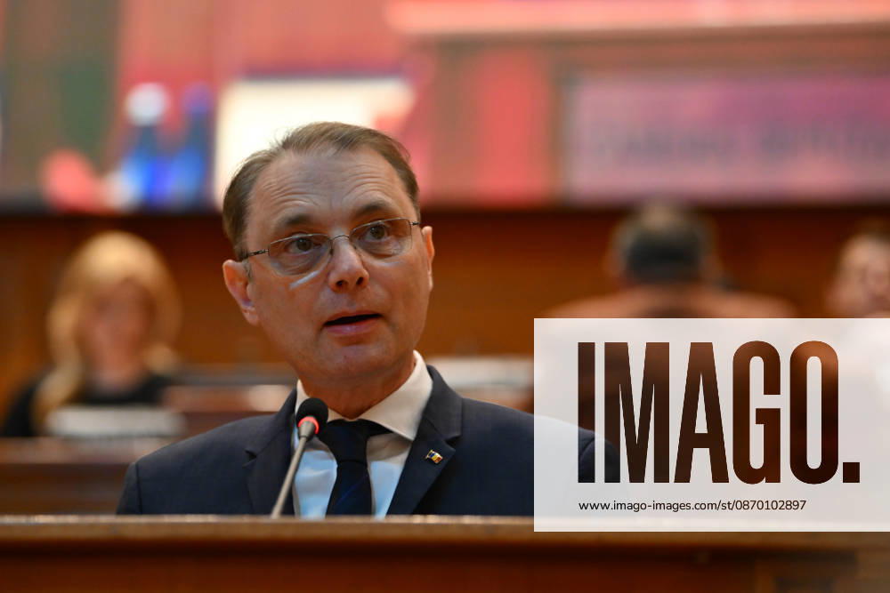 Plenary session of the Romanian Parliament in Bucharest BUCHAREST, ROMANIA - OCTOBER 20: Prime Minister-designate Luca Niculescu, proposed by President of Romania Nicusor Dan, addresses a joint plenary session of the Romanian Parliament at the Palace of the Parliament in Bucharest, Romania on October 20, 2026. Niculescu presented his governing platform, fiscal reform agenda, and proposed cabinet lineup to lawmakers ahead of the vote of confidence. Alex Nicodim Anadolu Bucharest Romania. Editorial use only. Please get in touch for any other usage.