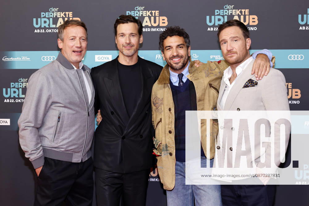 Die Schauspieler Wotan Wilke Möhring, Florian David Fitz, Elyas M Barek und Frederick Lau bei der NRW-Premiere des Kinofilms Der perfekte Urlaub im Cinedom. Köln, 21.10.2026 NRW Deutschland