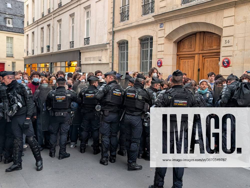 Students stage sit-in protest at Sciences Po Paris PARIS, FRANCE - OCTOBER 22: French gendarmerie officers form a security cordon as students stage a protest at Sciences Po Paris in Paris, France, on October 22, 2026. Officers holding riot shields face a crowd of protesters gathered on a street near the institution. Luc Auffret Anadolu Paris France. Editorial use only. Please get in touch for any other usage.