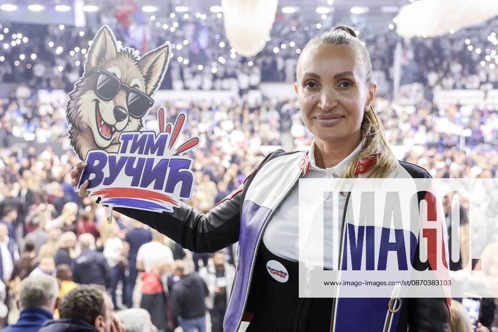 SERBIA, BELGRADE - OCTOBER 22, 2026: A woman attends a rally at the Ranko Zeravica Sports Hall in support of Serbia s former President Aleksandar Vucic ahead of the 2026 Serbian parliamentary election scheduled for October 25. Vucic will head the list of the ruling Serbian Progressive Party (SNS) and run as its prime ministerial candidate. Alexander Ryumin TASS 99766489
