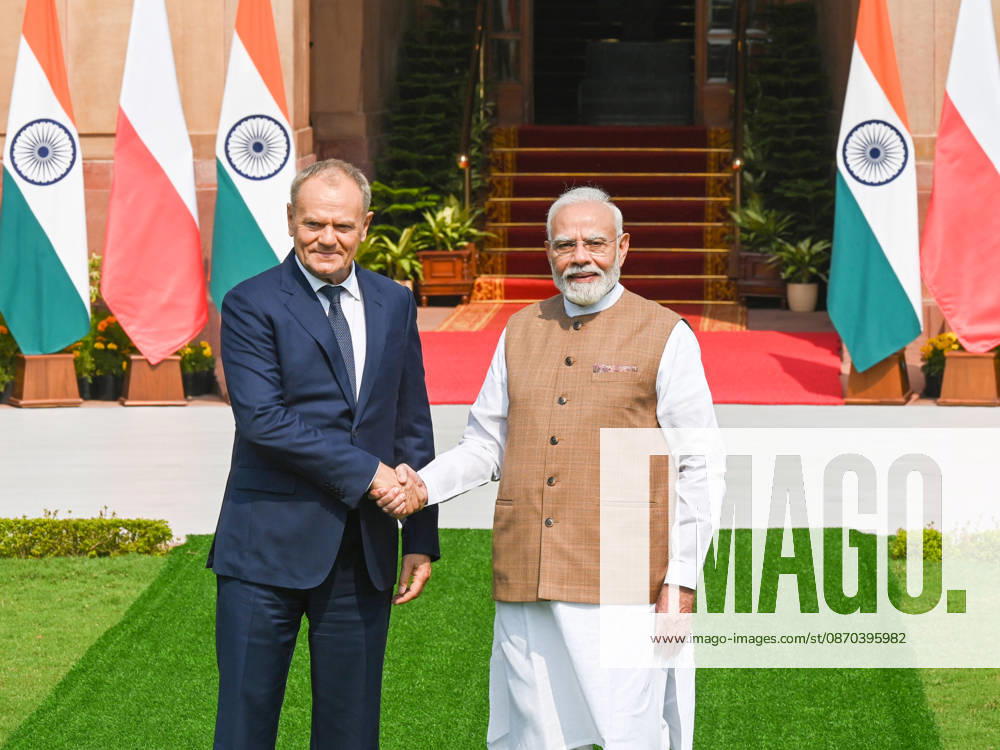 Prime Minister Narendra Modi (R) poses for a photograph with the Prime Minister of Poland, Donald Tusk (L), prior to their delegation-level bilateral meeting and joint press statement at Hyderabad House on October 22, 2026 in New Delhi, India. The high-level meeting marked Polish Prime Minister Tusk s official visit to India from October 21-23, 2026 his first visit to the country as Prime Minister since 2010 aimed at advancing the India-Poland Strategic Partnership and deepening India-EU strategic ties. During wide-ranging discussions, both leaders reviewed bilateral cooperation across key sectors including trade, technology, defense-industrial collaboration, and energy, while reaffirming joint commitment towa