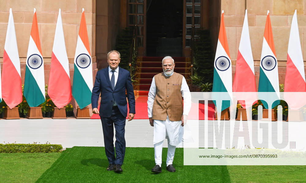 Prime Minister Narendra Modi (R) welcomes Prime Minister of Poland, Donald Tusk (L), prior to their delegation-level bilateral meeting and joint press statement at Hyderabad House on October 22, 2026 in New Delhi, India. The high-level meeting marked Polish Prime Minister Tusk s official visit to India from October 21-23, 2026 his first visit to the country as Prime Minister since 2010 aimed at advancing the India-Poland Strategic Partnership and deepening India-EU strategic ties. During wide-ranging discussions, both leaders reviewed bilateral cooperation across key sectors including trade, technology, defense-industrial collaboration, and energy, while reaffirming joint commitment toward peaceful diplomatic