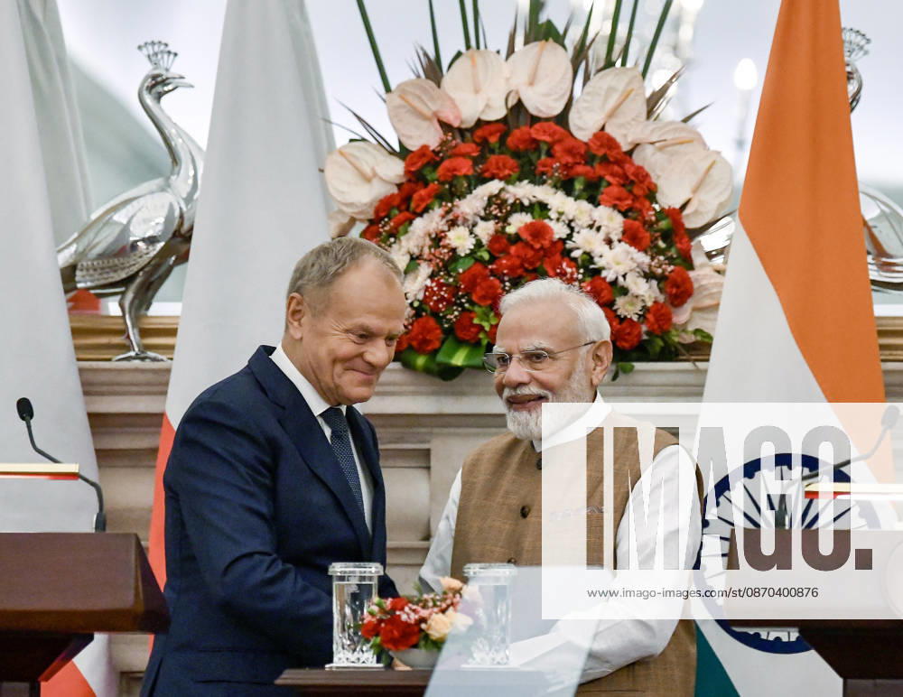 Poland PM Donald Tusk in India New Delhi, Oct 22 (ANI): Prime Minister Narendra Modi and Polish Prime Minister Donald Tusk exchange a handshake during the Joint Press Statement at Hyderabad House, in New Delhi on Thursday. NEW DELHI Delhi India