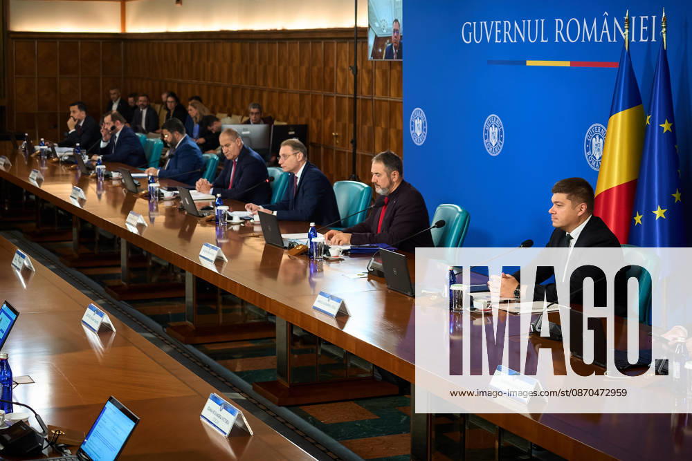 Romanian Government, Cabinet Meeting Bucharest, Romania. 23rd Oct, 2026: Luca Niculescu, Prime Minister of Romania, leads the government meeting at Victoria Palace, the Romanian Government headquarters. Bucharest Romania