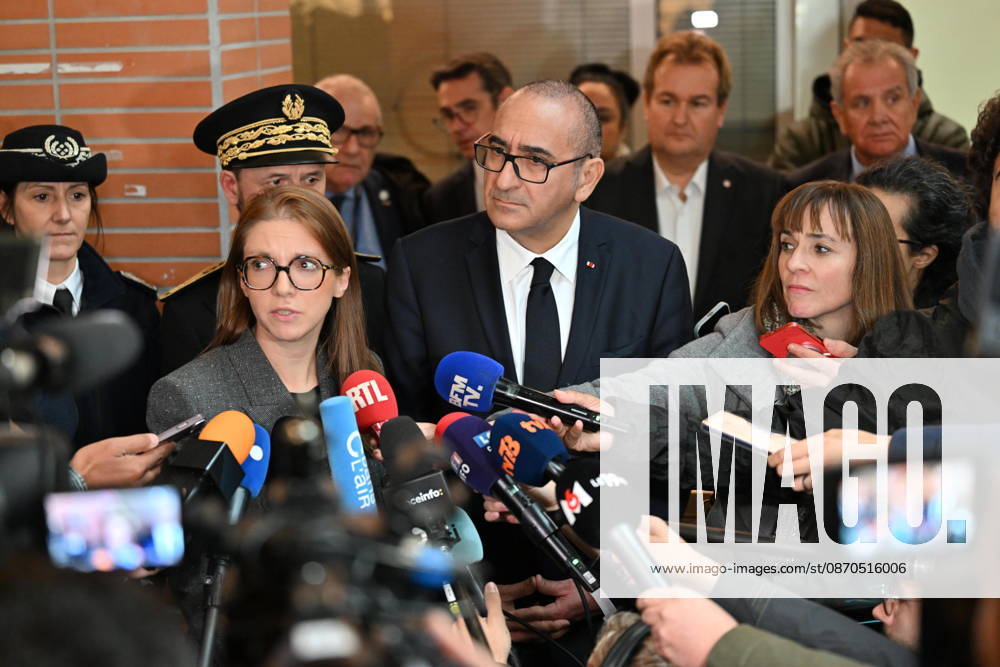 Deadly drive-by shooting attack in Paris suburb of Trappes TRAPPES, FRANCE - OCTOBER 23: France s Interior Minister Laurent Nunez (C) and France s junior Minister in charge of equality Aurore Berge (L) speak to the press members following a shooting killing at least one person and injuring four others according to police sources, in Trappes, Paris suburb, France on October 23, 2026. Mustafa Yalcin Anadolu Trappes France. Editorial use only. Please get in touch for any other usage.