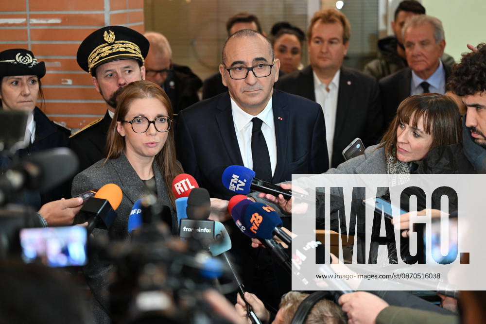 Deadly drive-by shooting attack in Paris suburb of Trappes TRAPPES, FRANCE - OCTOBER 23: France s Interior Minister Laurent Nunez (R) and France s junior Minister in charge of equality Aurore Berge (L) speak to the press members following a shooting killing at least one person and injuring four others according to police sources, in Trappes, Paris suburb, France on October 23, 2026. Mustafa Yalcin Anadolu Trappes France. Editorial use only. Please get in touch for any other usage.