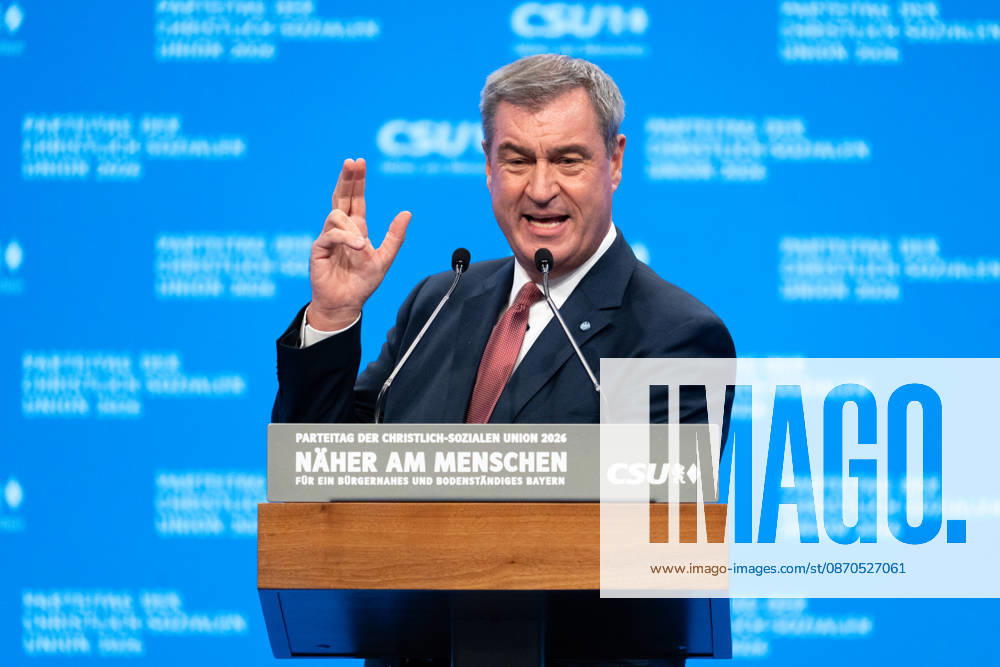 Parteitag 2026 der Partei CSU (Christlich-Soziale-Union) in der Messe München. Ministerpräsident Dr. Markus Söder hält eine Rede auf der Bühne