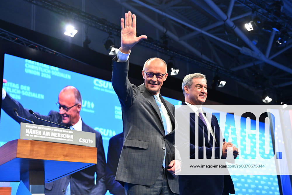 Bundeskanzler Friedrich MERZ und Markus SOEDER (Ministerpraesident Bayern und CSU Vorsitzender) auf dem Podium. CSU Parteitag 2026 am 23.und 24.10..2026 MESSE MUENCHEN