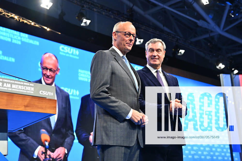 Bundeskanzler Friedrich MERZ und Markus SOEDER (Ministerpraesident Bayern und CSU Vorsitzender) auf dem Podium. CSU Parteitag 2026 am 23.und 24.10..2026 MESSE MUENCHEN