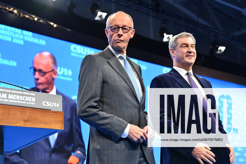 Bundeskanzler Friedrich MERZ und Markus SOEDER (Ministerpraesident Bayern und CSU Vorsitzender) auf dem Podium. CSU Parteitag 2026 am 23.und 24.10..2026 MESSE MUENCHEN