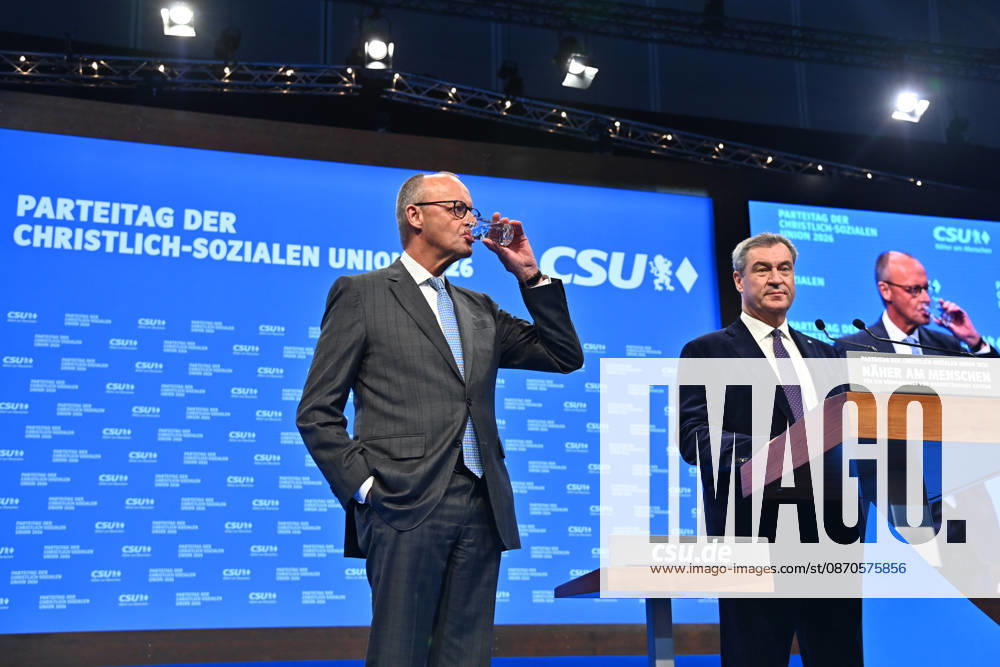 Bundeskanzler Friedrich MERZ und Markus SOEDER (Ministerpraesident Bayern und CSU Vorsitzender) auf dem Podium. CSU Parteitag 2026 am 23.und 24.10..2026 MESSE MUENCHEN