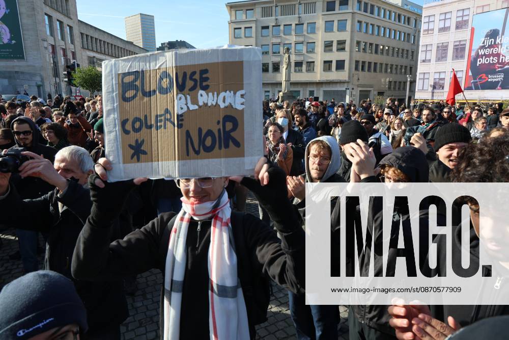 This image shows demonstrators after a call for protests in Brussels for purchasing power, healthcare, and education, on Saturday 24 October 2026. NICOLASxMAETERLINCK 190851067