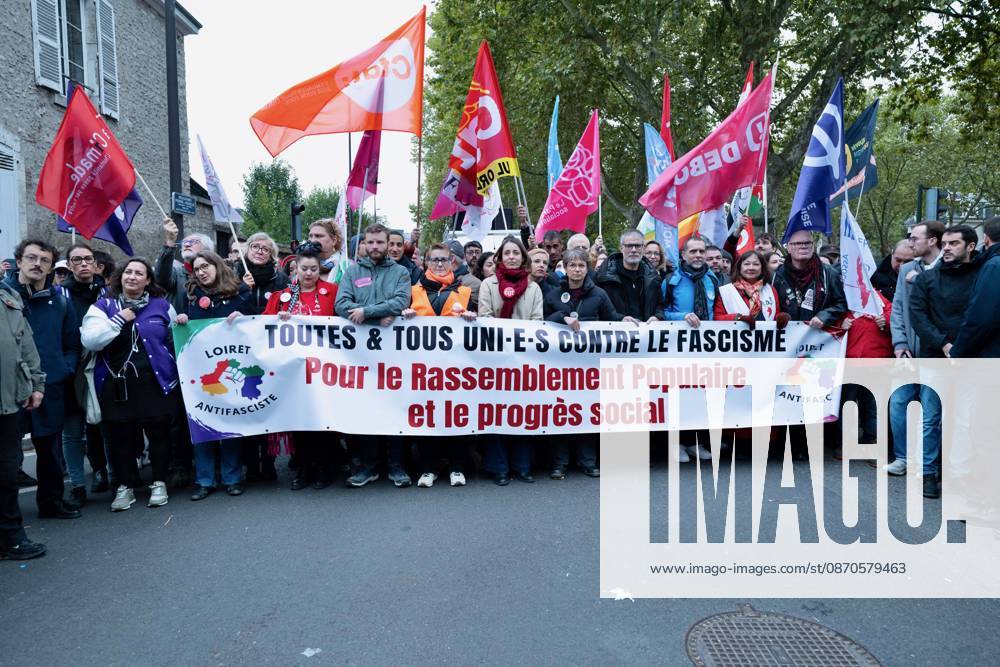 Politics at Demonstration Against French Far-Right Party RN - Orleans Spokesperson for the Association ATTAC Youlie Yamamoto, French trade union General Confederation of Labour (CGT) secretary general Sophie Binet (5thL), French left wing MP Clementine Autain, French trade union FSU secretary general Caroline Cheve, French MP Laurent Baumel, French Socialist Party (PS) first secretary Olivier Faure, French lawyer and president of the LDH (human s rights league) Nathalie Tehio attending demonstration against French far-right party French far-right party Rassemblement National RN in Orleans, France on October 24 2026 before the beginning of the XIXth Congress French far-right party Rassemblement National RN organized in Orleans. Photo by Fran