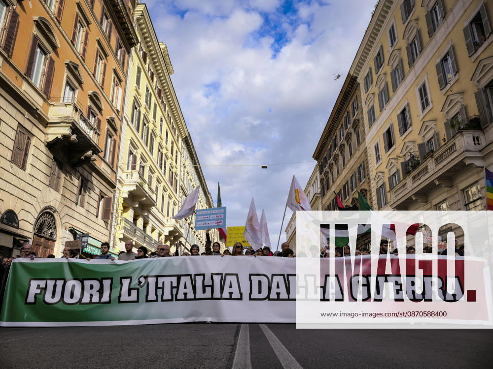 Rome Anti-War Demonstration Rome, Italy, October 24, 2026. Demonstrators take part in an anti-war march, under the slogan Fuori lItalia dalla guerra (Keep Italy Out of the War). Protesters, opposing Italys involvement in wars, military rearmament and the Italian governments policies. Rome Italy
