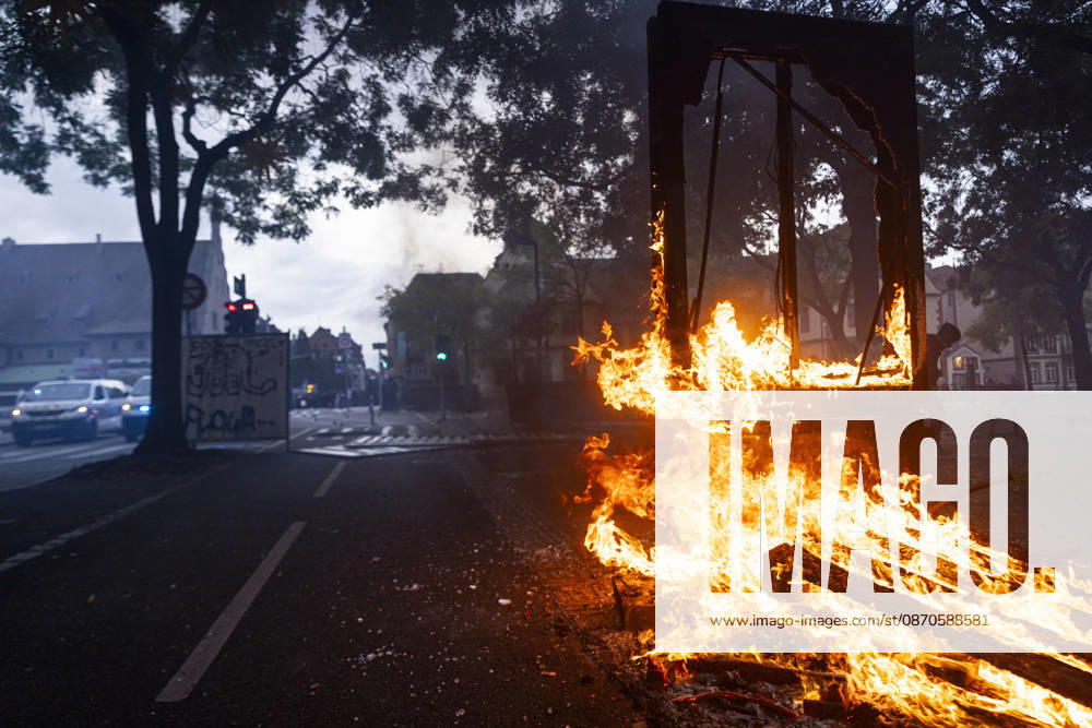 Demonstration and clashes between protesters and police in Strasbourg STRASBOURG, FRANCE - OCTOBER 24: Protesters clash with law enforcement officers during a demonstration in the city centre of Strasbourg, France on October 24, 2026. Police officers intervene to disperse groups of protesters as tear gas is deployed. Clashes, projectile throwing and property damage are reported in several streets. Barricades and burning vehicles reflect the tense situation surrounding the protest. Elyxandro Cegarra Anadolu Strasbourg France. Editorial use only. Please get in touch for any other usage.