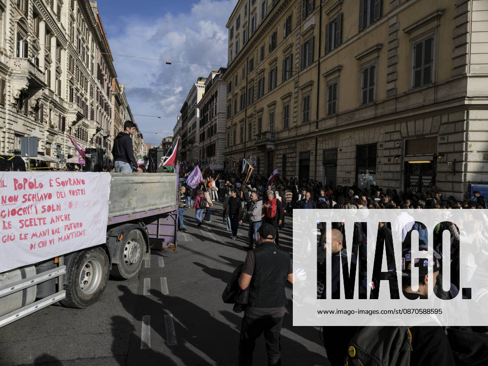 Rome Anti-War Demonstration Rome, Italy, October 24, 2026. Demonstrators take part in an anti-war march, under the slogan Fuori lItalia dalla guerra (Keep Italy Out of the War). Protesters, opposing Italys involvement in wars, military rearmament and the Italian governments policies. Rome Italy