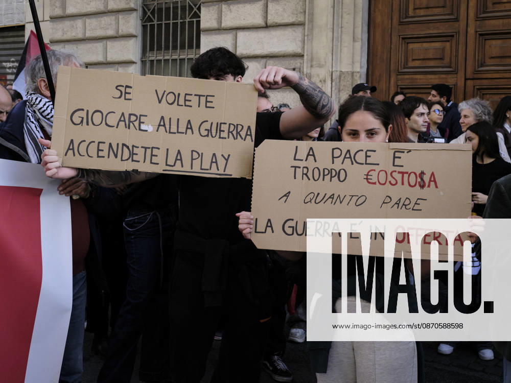 Rome Anti-War Demonstration Rome, Italy, October 24, 2026. Demonstrators take part in an anti-war march, under the slogan Fuori lItalia dalla guerra (Keep Italy Out of the War). Protesters, opposing Italys involvement in wars, military rearmament and the Italian governments policies. Rome Italy