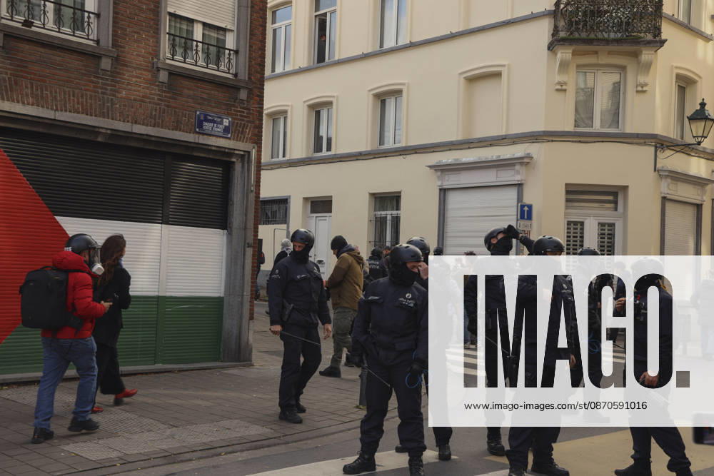 Brussels Belgium Education Protest Police officers gather near a building in Brussels, Belgium on October 24, 2026. Hundreds of mainly young protesters gathered in Brussels to demand more funding for education and public services. Demonstrators further criticized police conduct, accusing officers of excessive force during previous rallies. Brussels Brussels Capital Belgium
