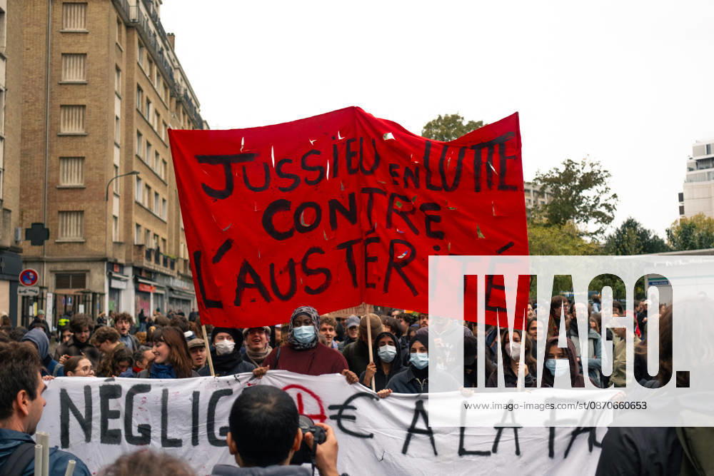 Yellow Vests Protest Act II - Paris Demonstrators carry placards displaying political messages during a march against the rising cost of living and for social justice in Paris, France, on October 24, 2026. The protest follows the boulevards des Maréchaux from Porte d’Italie to Porte de Vincennes, with calls for higher wages and better funding for public services and education. Photo by Jules Bernard ABACAPRESS.COM Paris Île-de-France France