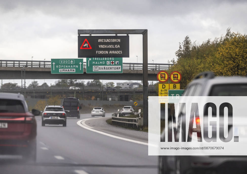 Information sign stating that wind-sensitive vehicles were prohibited from crossing the Öresund Bridge during the strong winds as Storm Boelo swept across southern Sweden on Sunday MALMÖ, SWEDEN