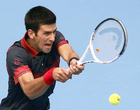 BEIJING, Oct. 9, 2010 - Novak Djokovic of Serbia hits a return during the men s singles semifinal at the China Open tennis tournament in Beijing, capital of China, Oct. 9, 2010.