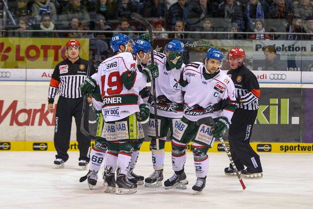 die Mannschaft freut sich ueber das Tor von Ryan BAYDA 18 (Augsburger Panther) ERC Ingolstadt vs. Augsburger Panther , Eishockey, DEL, 30.12.2013 Foto: Eibner EP_CKT